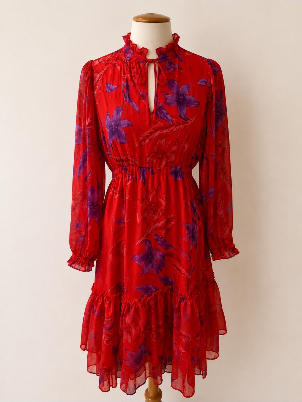 sofia by sofia vergara Red Floral Midi Dress with Ruffle Hem
